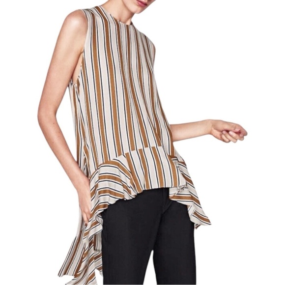 🌺 Zara Stripe Ruffle High Low Lightweight Tan Sleeveless Blouse Size S - Picture 1 of 11